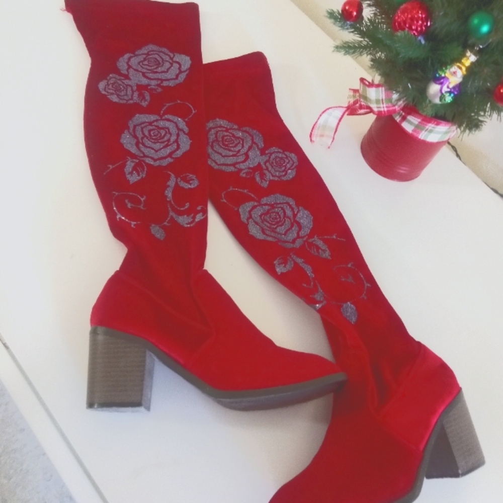 Red velvet over the knee boots with rose design
